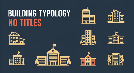 Naklejka premium Vector set of architectural building typology icons including residential houses, urban office skyscrapers, government institutions, school facilities, and apartment blocks.