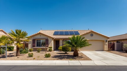 Fototapeta premium Modern suburban home with solar panels on tile roof under clear blue sky in desert climate
