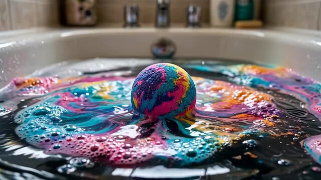 Colorful bath bomb dissolving in water with splash and foam, creating vibrant bubbles in bathtub, relaxation routine, self care, wellness and home spa concept.