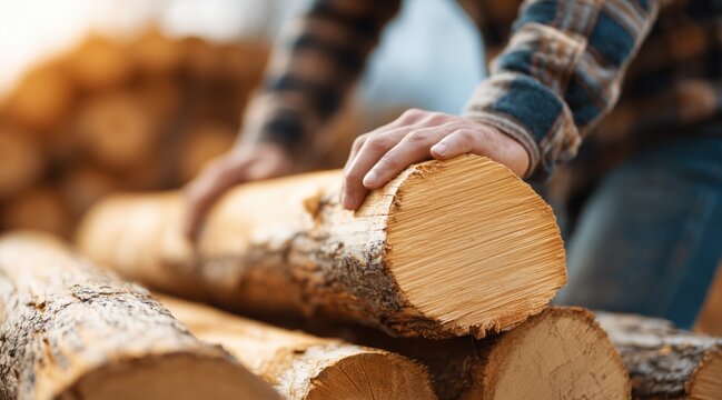 Close up of hands on stack of cut pine logs