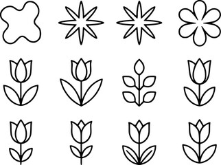 Fototapeta premium Collection of black line tulips, stars, and abstract shapes white flower