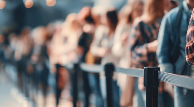Blurred crowd of people waiting in line behind stanchion barrier