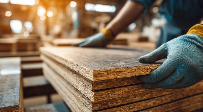 Hands in blue gloves stacking wood particle board sheets in factory
