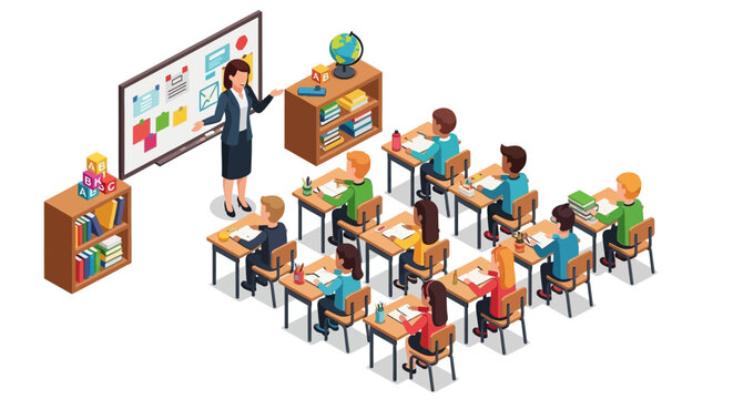 Isometric vector illustration showing a teacher conducting a lesson in a brightly lit classroom with students sitting at desks, creating a modern and engaging environment for learning