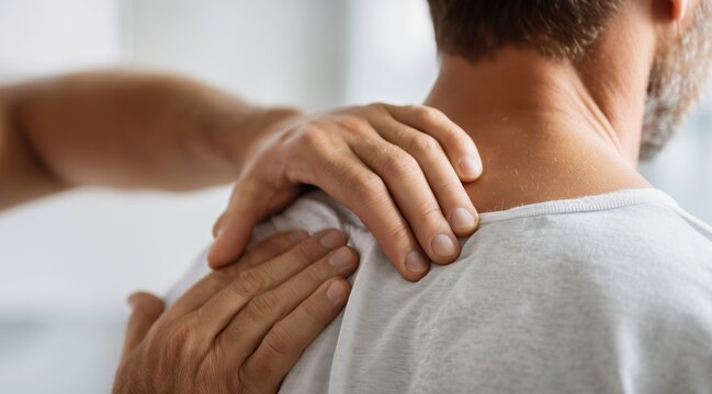 Close up of therapist hands massaging man shoulder