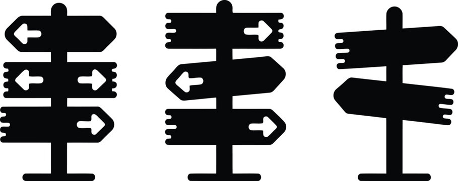 Black and white signpost icons directional arrows on wooden posts