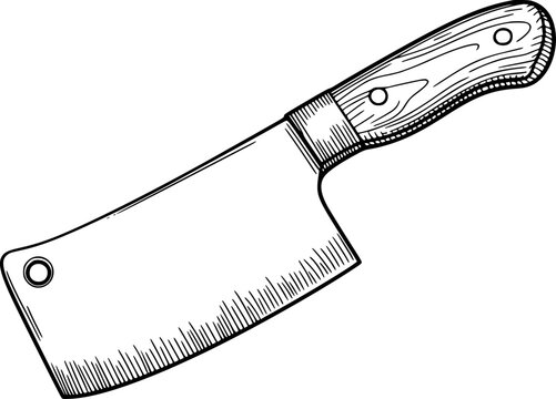 Hand-drawn black and white cleaver knife with wooden handle white background kitchen