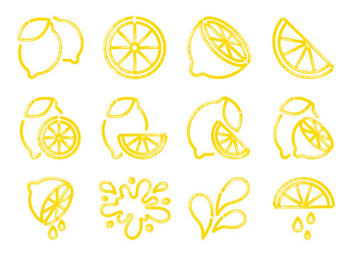 Lemon icon set in hand drawn marker style. Collection of whole lemons, slices, segments and juice splashes with rough textured lines. Childlike doodle illustration with crayon effect. 