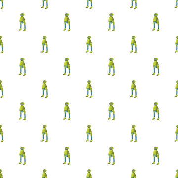 Repeating pattern of small isometric yellow humanoid robot figures on white background