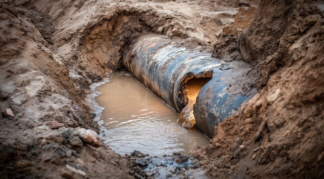 Large broken water pipe leaking in dirt trench at construction site