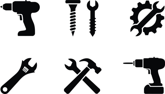 Black silhouette icons of various hand tools for repair and construction