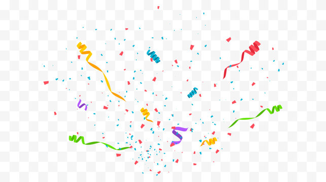 Vibrant Celebration Confetti Scatter with Ribbon Elements Floating on Transparent Background for Event and Party Design