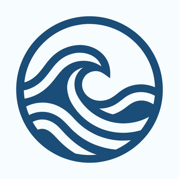 Ocean wave icon in circular frame for surfing brand and nature conservation logo