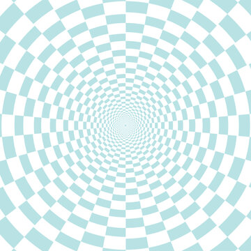 Abstract teal and white checkerboard tunnel creating depth illusion, geometric perspective, hypnotic pattern, modern background ideal for branding, posters, and digital designs.