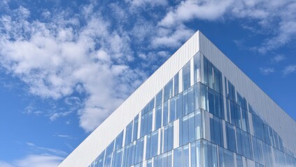 Fototapeta premium A modern building's corner reaches towards a vibrant blue sky filled with fluffy white clouds.