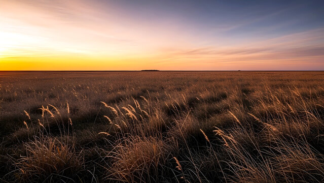 Golden Sunset Over Coastal Grassland Horizon