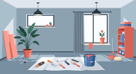 Fototapeta premium Home Renovation Scene Vector Illustration Painting and DIY Project Setup