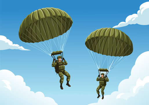 Vector illustration of military personnel skydiving with parachutes against a bright blue sky and clouds