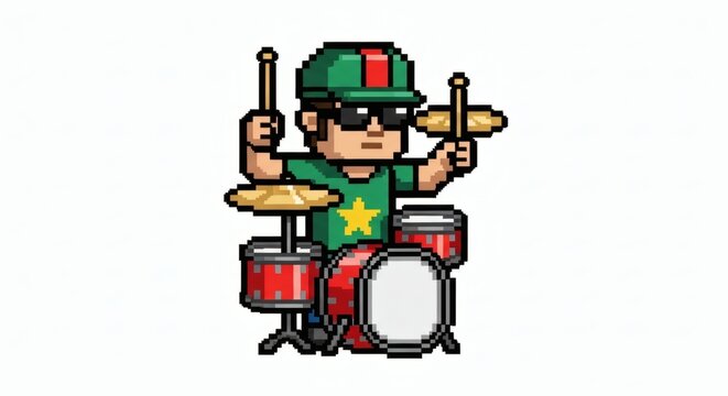 Retro pixel art drummer character in green cap and sunglasses playing a drum set, 8-bit music illustration