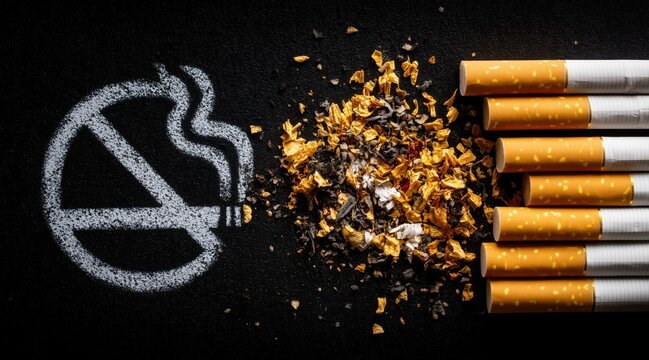 Row of cigarettes next to pile of tobacco and hand drawn no smoking sign on black surface