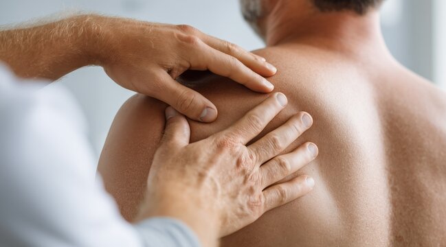 Physiotherapist hands examining male patient shoulder