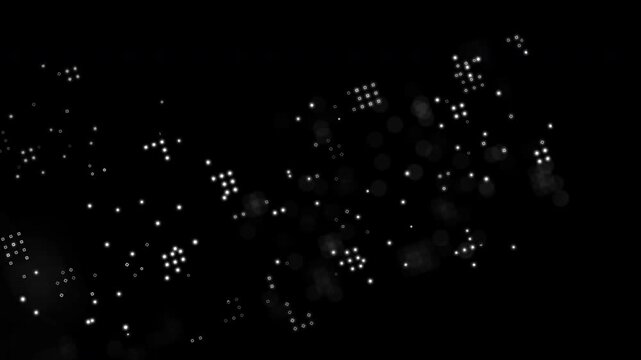 Abstract glowing pixel clusters flickering across dark background. Futuristic data network visualization overlay for technology concept