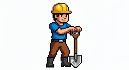 Fototapeta premium Retro Pixel Art Construction Worker Character with Shovel and Hard Hat