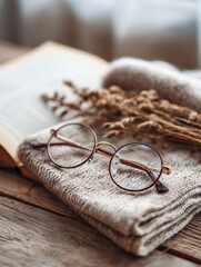 Fototapeta premium Cozy still life of vintage round eyeglasses resting on a knitted blanket with open book and dried flowers.