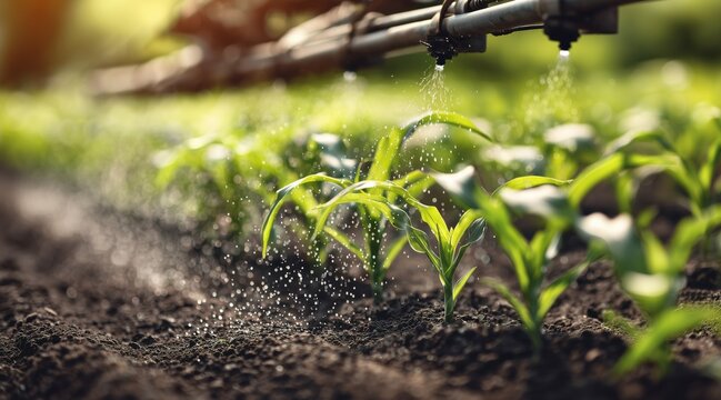 Boom sprayer watering young green corn seedlings in field