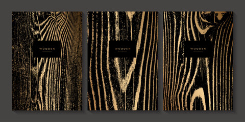 Set of golden wooden templates. Luxury golden background with wood annual rings texture. Stamp of tree trunk in section. Dry wood texture with cracks. Zebra pattern © Morena