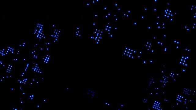 Abstract blue glowing pixel clusters flickering across dark background. Futuristic data network visualization overlay for technology concept