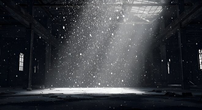 Dusty particles falling in abandoned industrial warehouse with light beam