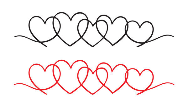 Intertwined Heart Line Border Set &ndash; Romantic Continuous Line Hearts, Black and Red Love Divider Vector