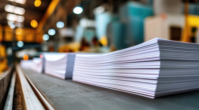 White paper stacks on conveyor belt in industrial printing factory