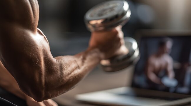 Muscular arm lifting dumbbell during online fitness workout