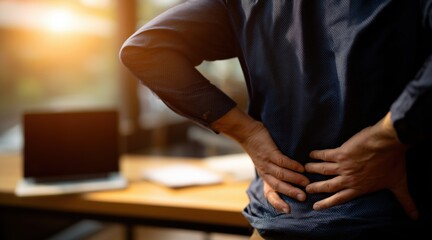 Fototapeta premium Rear view of businessman touching aching lower back in office