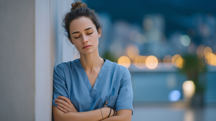 Fototapeta premium Caregiver leaning exhausted against hospital exterior wall on smoke break they are not taking, both arms crossed, eyes closed, ambulance bay quiet beyond them, night sky above urban skyline, ideal f