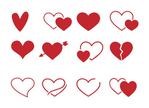 Red Heart Icons Set &ndash; Love, Romance, Valentine&rsquo;s Day, Broken Heart, Outline & Filled Vector Collection