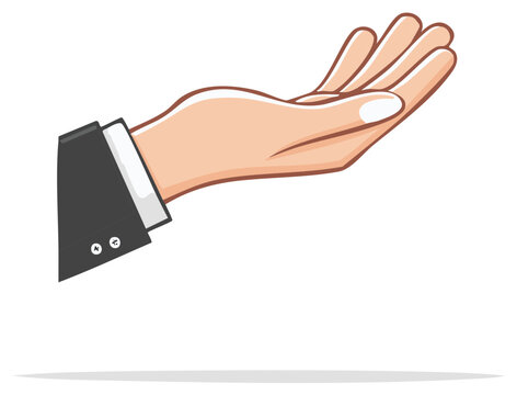 Open hand gesture of generosity and offering by professional in black suit, asking for help or offering kindness