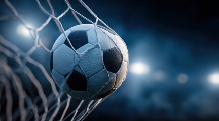 Fototapeta premium Soccer ball hitting back of net in stadium under bright lights