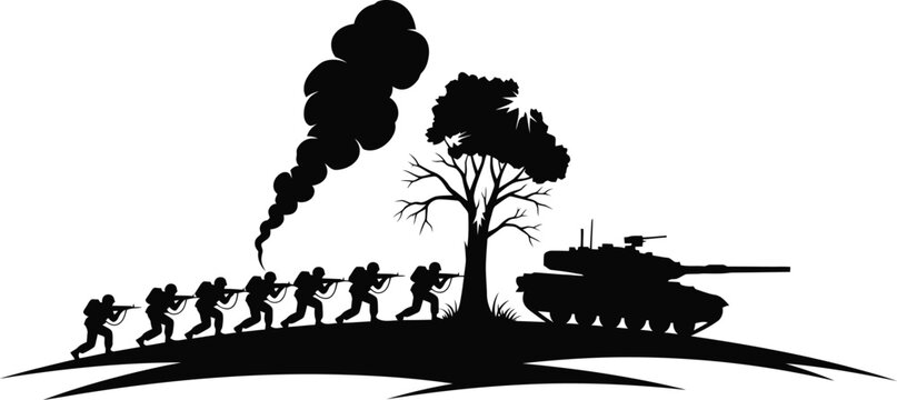 Soldiers and tank on a battlefield with smoke