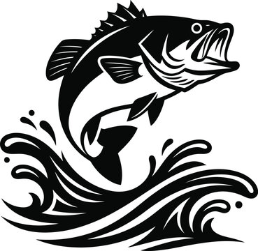 A black and white drawing of a fish jumping out of the water