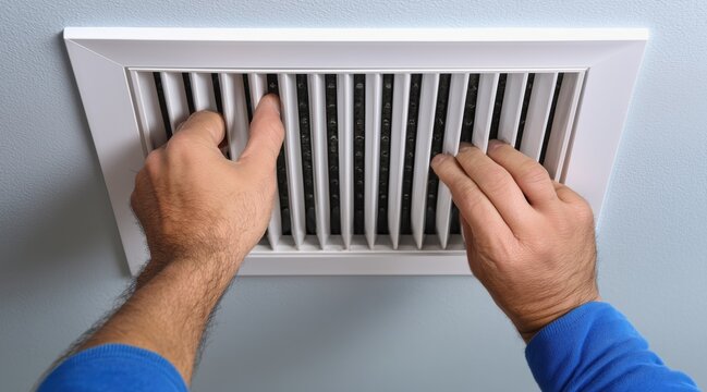 Hands of repairman installing white air vent register on ceiling