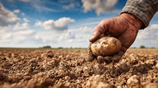 Farmer hand holding fresh potato over ploughed field