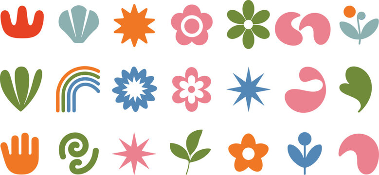 Vibrant collection of abstract and nature-themed icons in a retro style