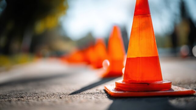 Vibrant orange traffic cones lined up on an asphalt road, creating a clear path for training or safety purposes.
