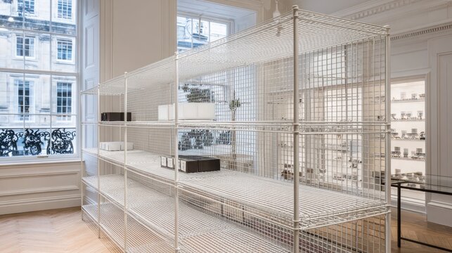 Modern white wire mesh shelving unit for stylish interior storage and display, showcasing organized retail or home space.