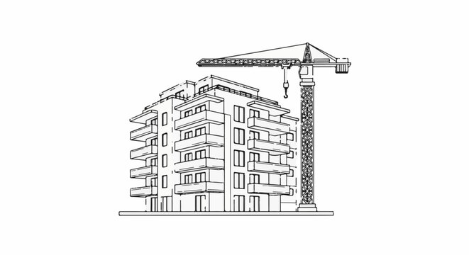 Line drawing of a building under construction with a crane