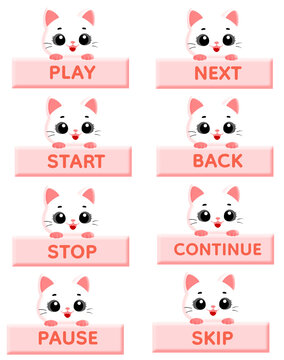 Cute White Cat Holding Pink Glossy 3D Game UI Button Set with Play Next Start Back Stop Continue Pause Skip Text, Kawaii Cartoon Style Media Control Interface Elements, Rounded Soft Design Isolated 