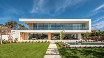 Fototapeta premium Modern luxury villa with expansive glass windows and landscaped garden under clear blue sky